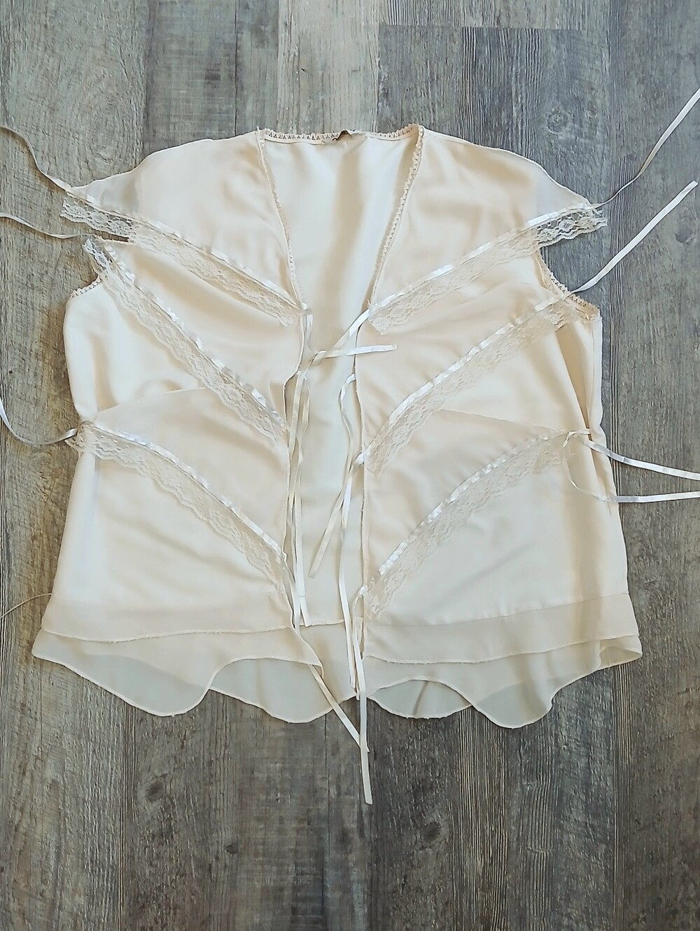Vintage Coquette Lace Ribbon Tie Open Front Ruffle Blouse  | Dark Cream